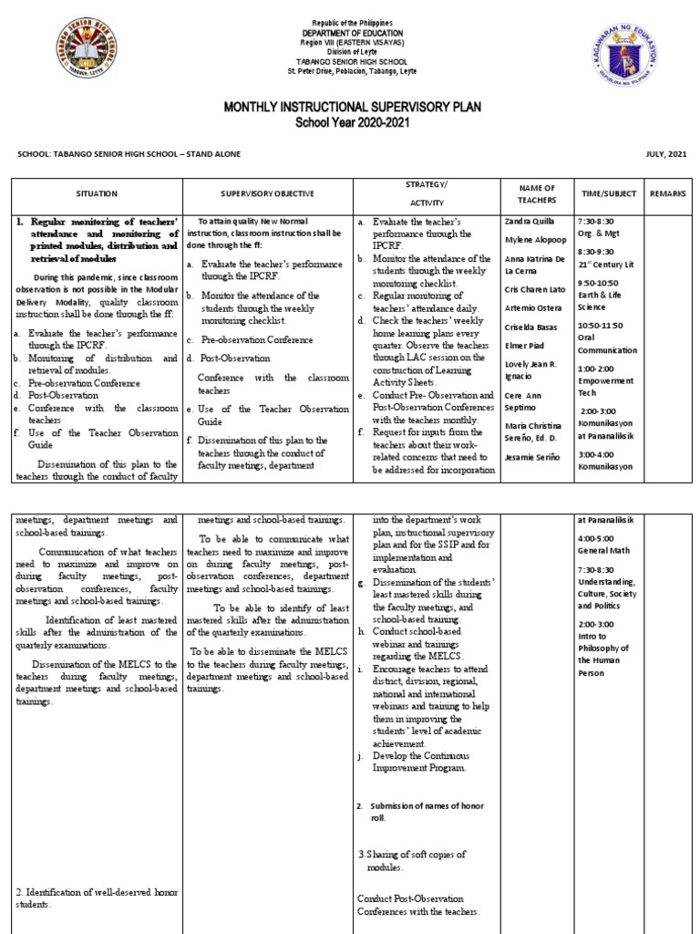 Monthly Supervisory Plan for School Heads | PDF | Educational ...