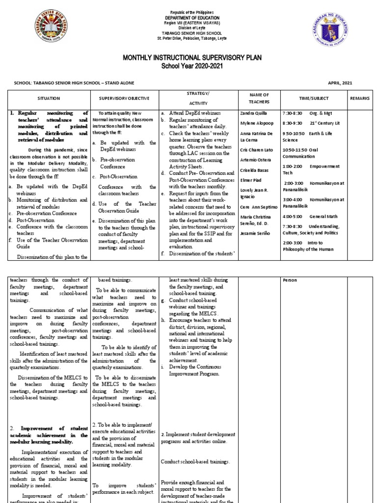 Monthly Instructional Supervision Plan | PDF | Schools | Teachers