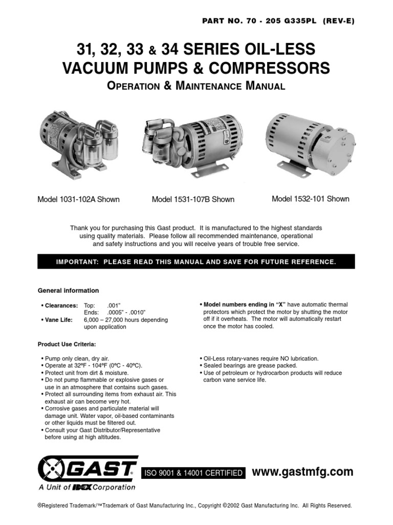 Gast 1532 Rotary Vane Vacuum Pump Manual | PDF | Electric Motor