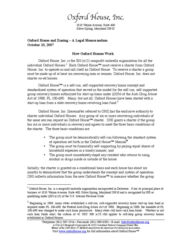 Oxford House, Inc. Oxford House and Zoning A Legal Memorandum