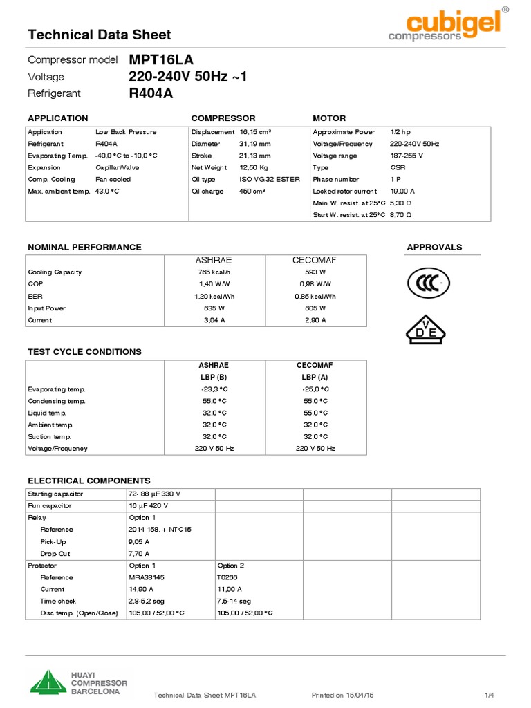 MPT16LA Compressor Specs Sheet | PDF | Capacitor | Electrical Components