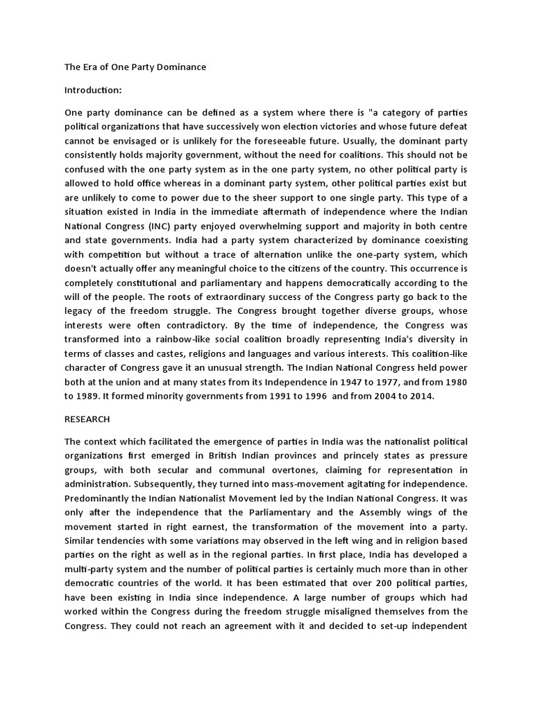 The Era of One Party Dominance | PDF | Jawaharlal Nehru | Indian ...