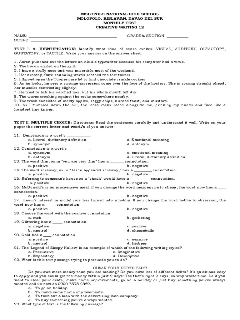 Connotation and Creative Writing Test | PDF