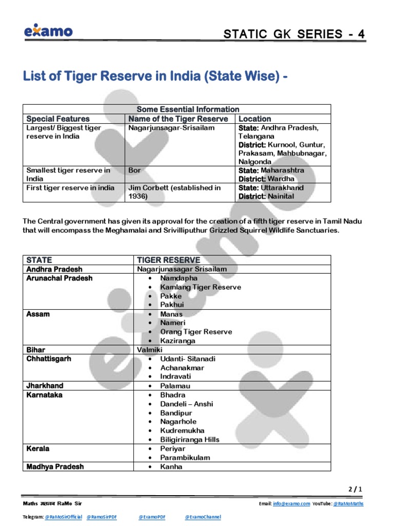 List of Tiger Reserve in India (State Wise) | PDF
