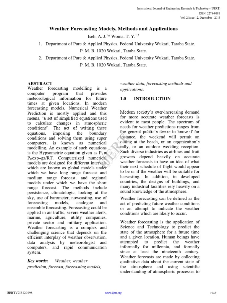 Weather Forecasting Models Methods and Applications IJERTV2IS120198
