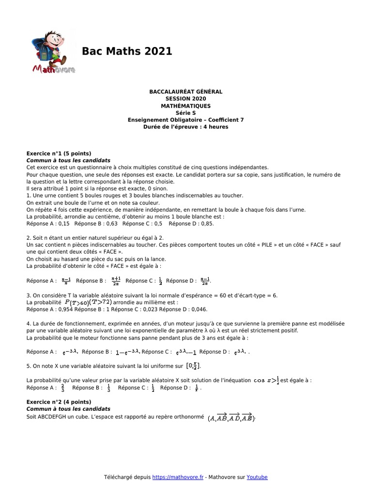 Bac Maths 2021 Sujet Blanc Pour Reviser Le Baccalaureat De Mathematiques Pdf Courbe Coordonnees Cartesiennes