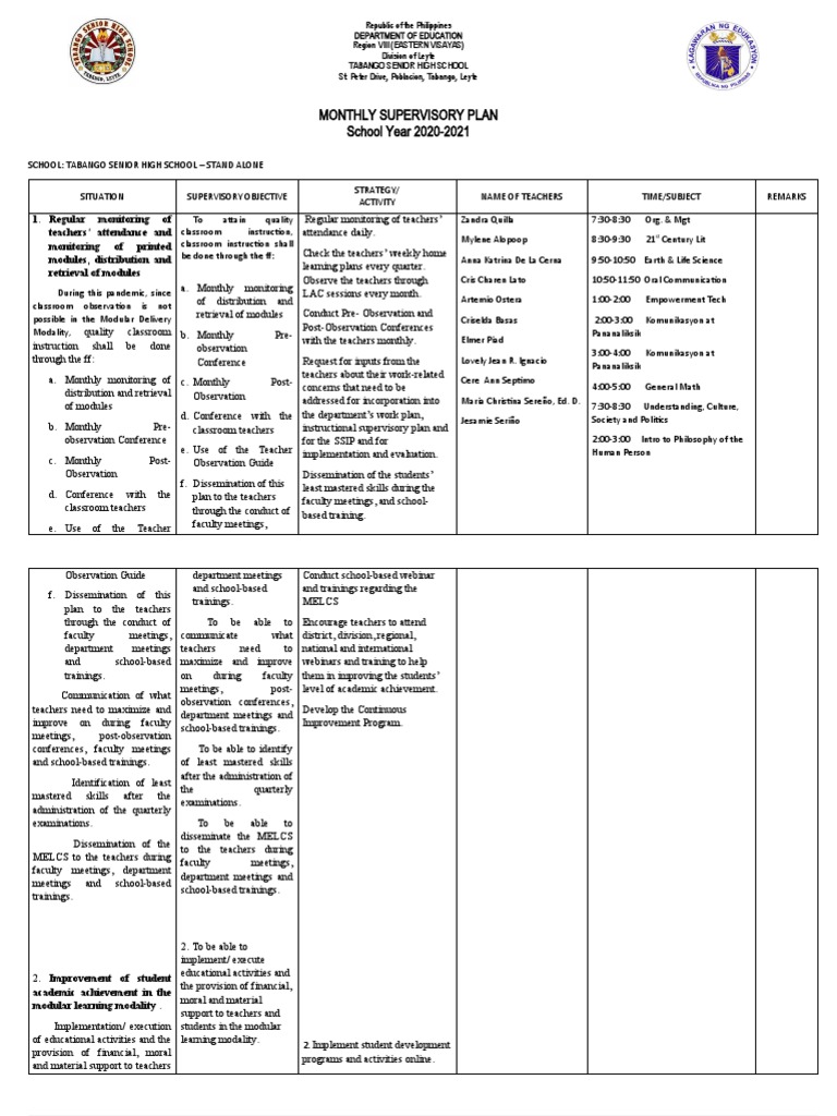 OCTOBER, 2019 Supervisory Plan | PDF | Schools | Teachers