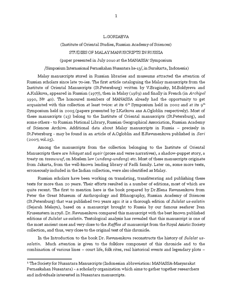 Studies of Malay Manuscripts in Russia | PDF | Java | Manuscript