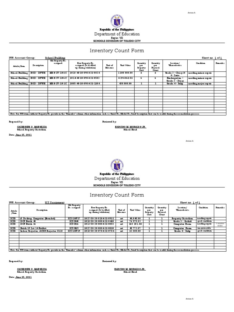 Annex A Inventory Count Form Malubog ES PDF Computing Business