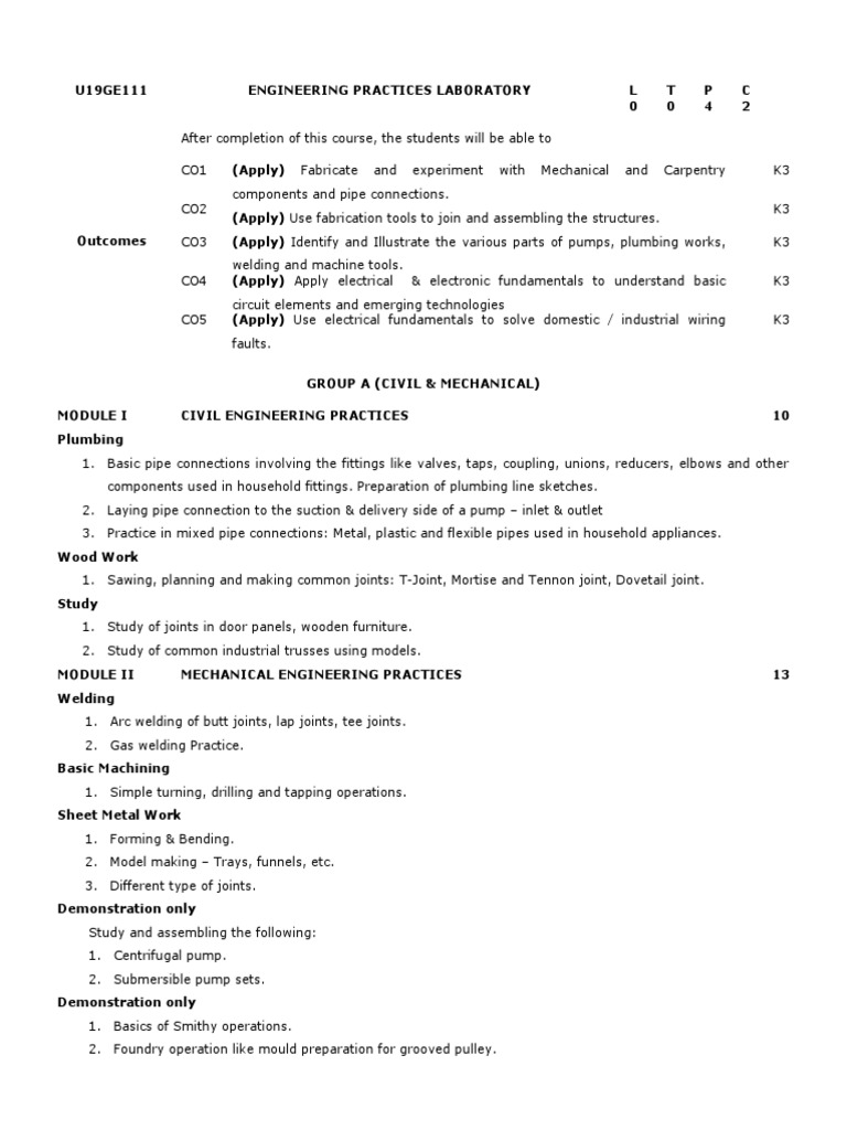 U19GE111 - EPL Syllabus Ver 6.0 | PDF | Plumbing | Electronics