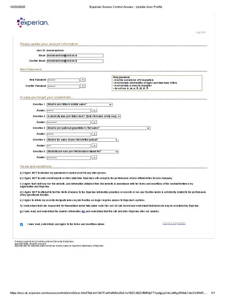 Experian Secure Control Access Update User Profile PDF Password