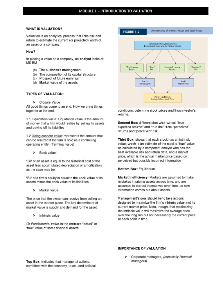M1 Introduction To Valuation Handout Pdf Book Value Valuation