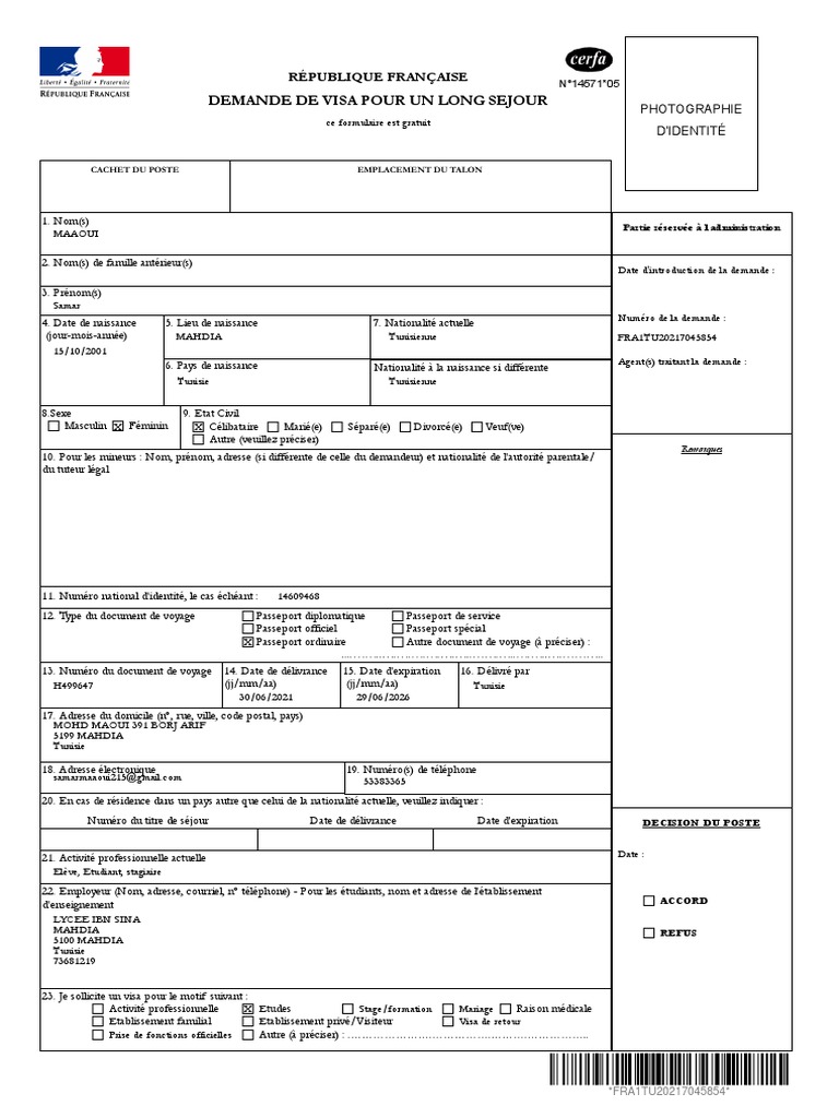 Référence Du Visa Saisir Le Code Du Pays Tunisie Formulaire Visa | PDF | Visa (Document) | Gouvernement et identité