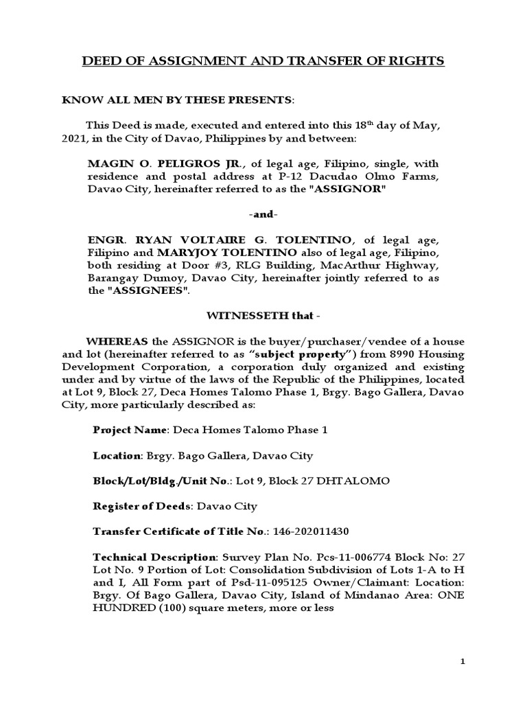 Deed of Assignment and Transfer of Rights | PDF | Assignment (Law ...