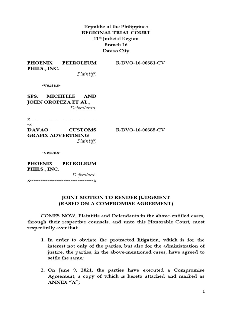 Joint Motion To Render Judgment - Phoenix and Oropeza | PDF ...