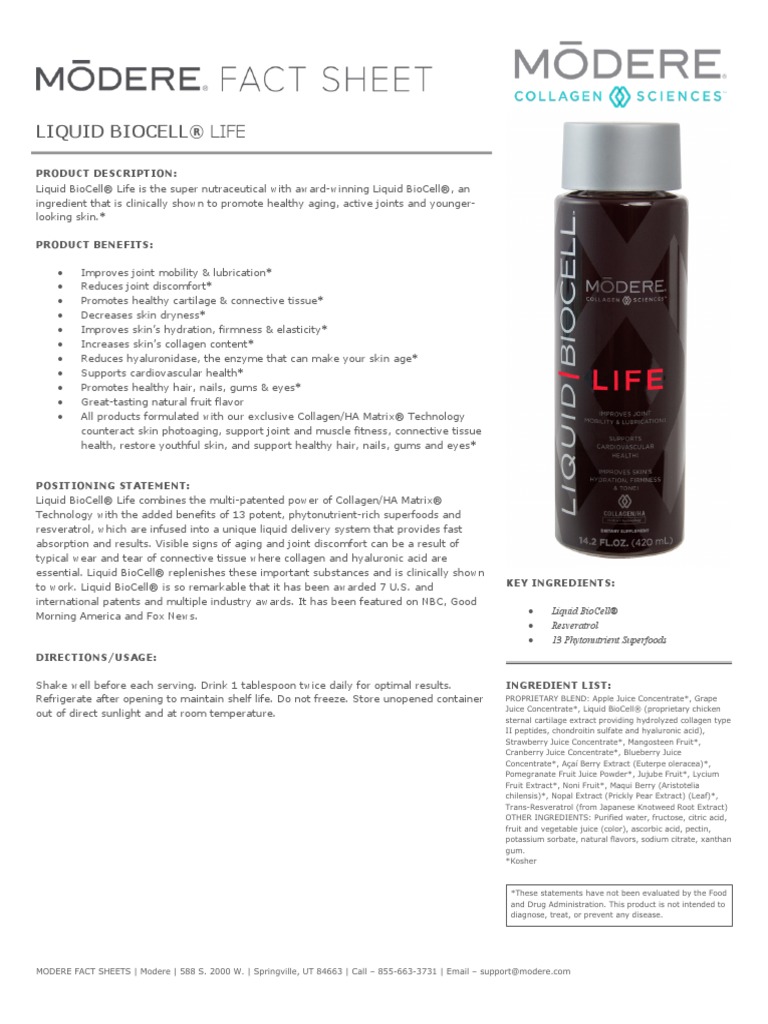 Modere Biocell - Life - Fact - Sheet | PDF | Juice | Diet & Nutrition