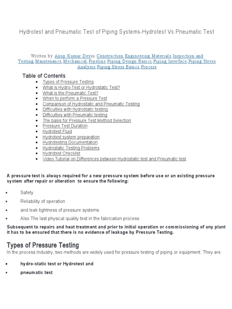 Hydrotest and Pneumatic Test of Piping SystemsHydrotest Vs Pneumatic