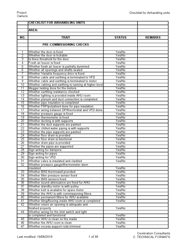 Air Handling Unit Pre-Commissioning Checklist | PDF | Duct (Flow ...