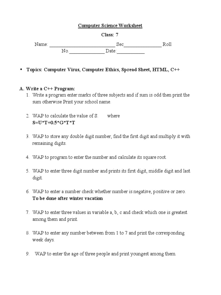 Winter Holiday Homework Computer Science Class 7 | PDF | Computer Virus ...