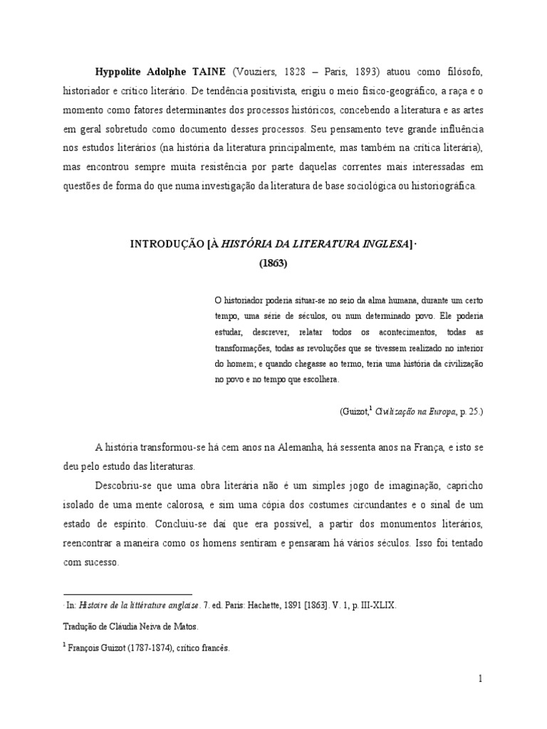 Taine Introduc3a7c3a3o | PDF | Humano | Ideia