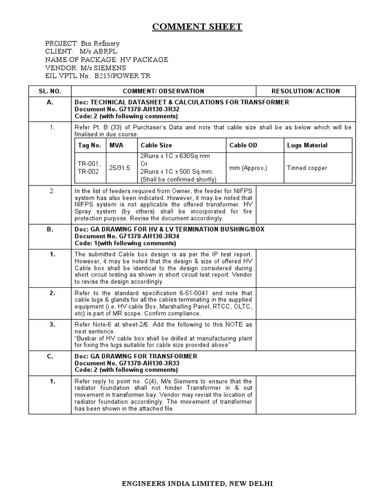 Transformer Comment Sheet for HV Package | PDF | Transformer | Equipment