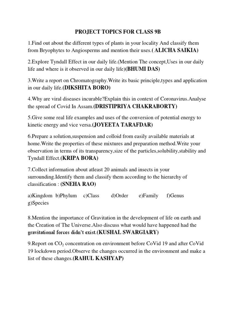 Class 9B Project Topics Guide | PDF | Physics | Chemistry