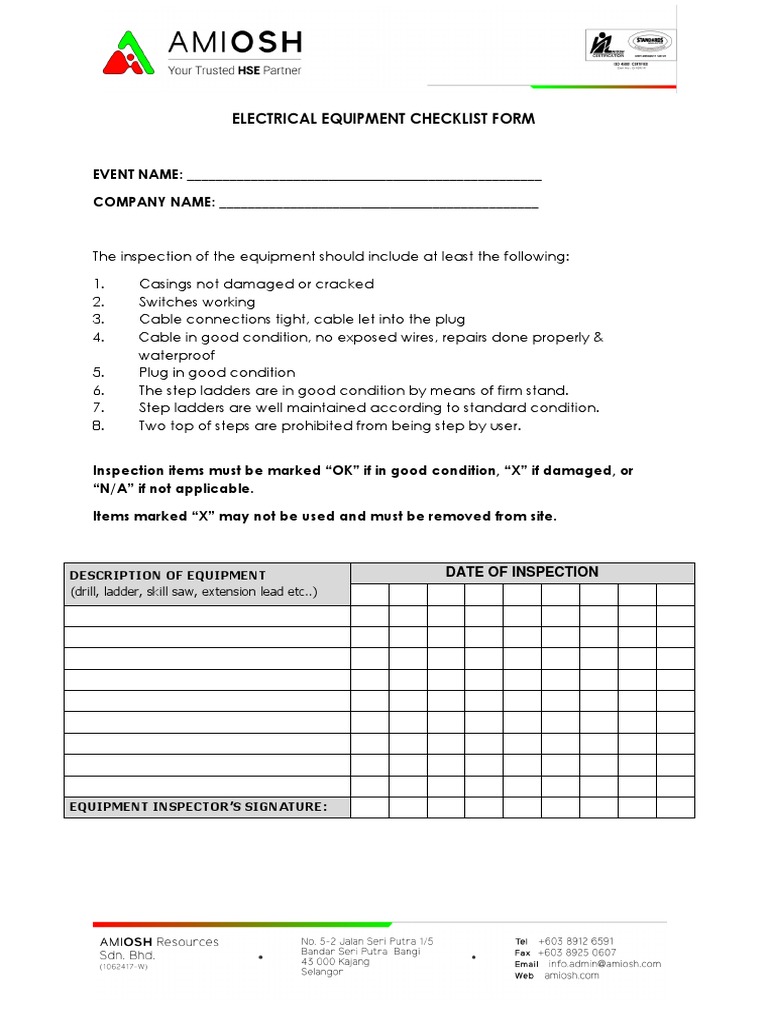 Electrical Equipment Checklist Form PDF