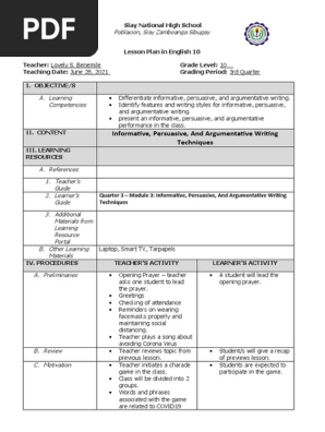 lesson plan on informative persuasive and argumentative essay