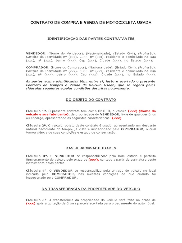 CONTRATO DE COMPRA E VENDA DE MOTOCICLETA USADA