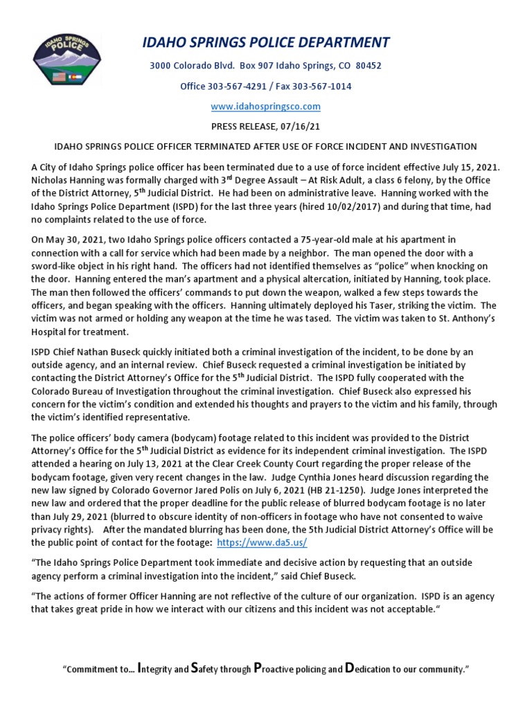 Officer Hanning Termination Announcement | PDF | Taser | Police