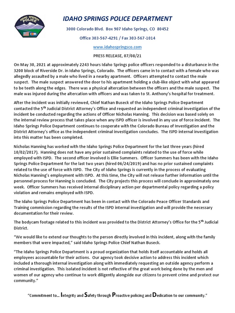 Idaho Springs Police Department: Nicholas Hanning Release, July 8, 2021 ...