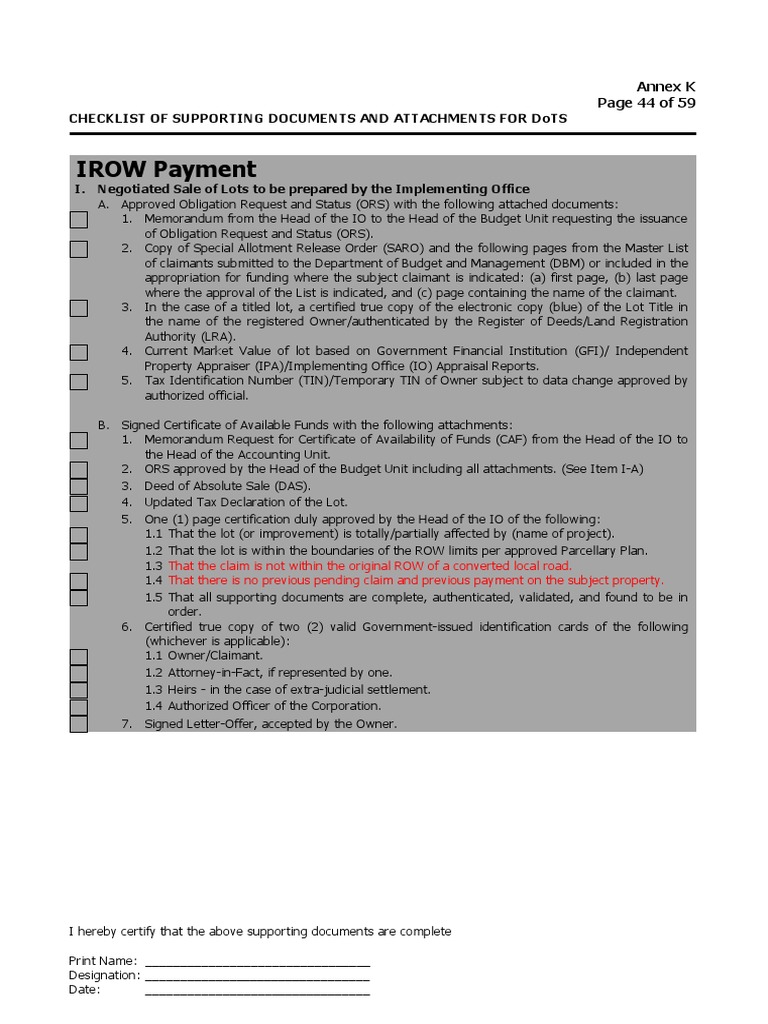 IROW Payment Document Checklist | PDF | Notary Public | Receipt