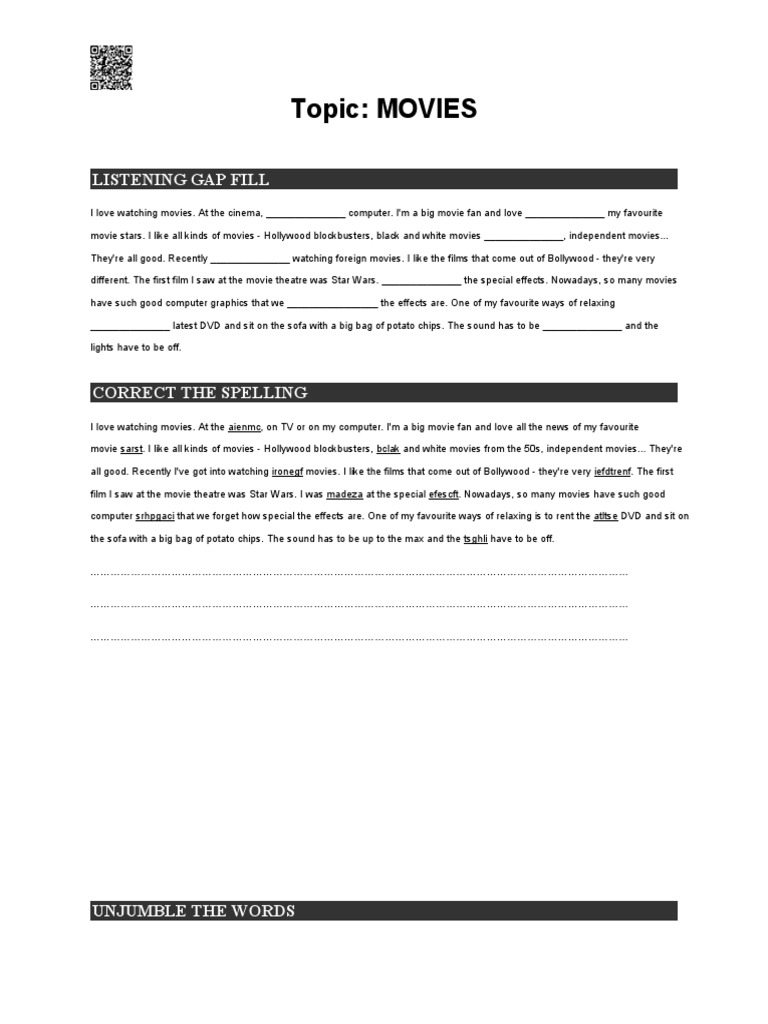 Topic MOVIES Listening Gap Fill PDF Leisure