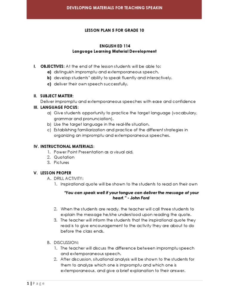 Lesson Plan 5 Speaking Lesson Plan Cognition