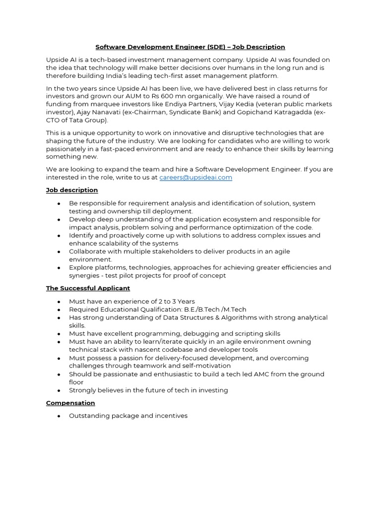 Software Development Engineer (SDE) Job Description PDF