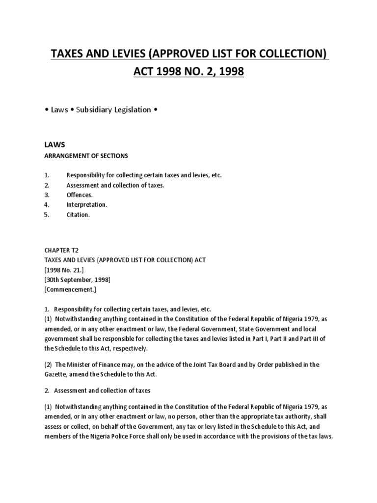Taxes and Levies (Approved List For Collection) ACT 1998 NO. 2, 1998 ...