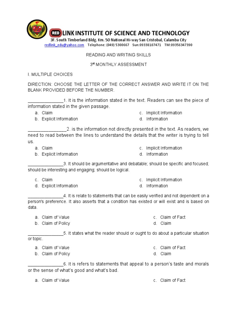 Analysis of a Reading and Writing Skills Assessment Identifying Claims, Explicit and Implicit