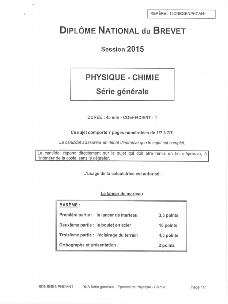 BREVET PhysiqueChimie 2015 PDF