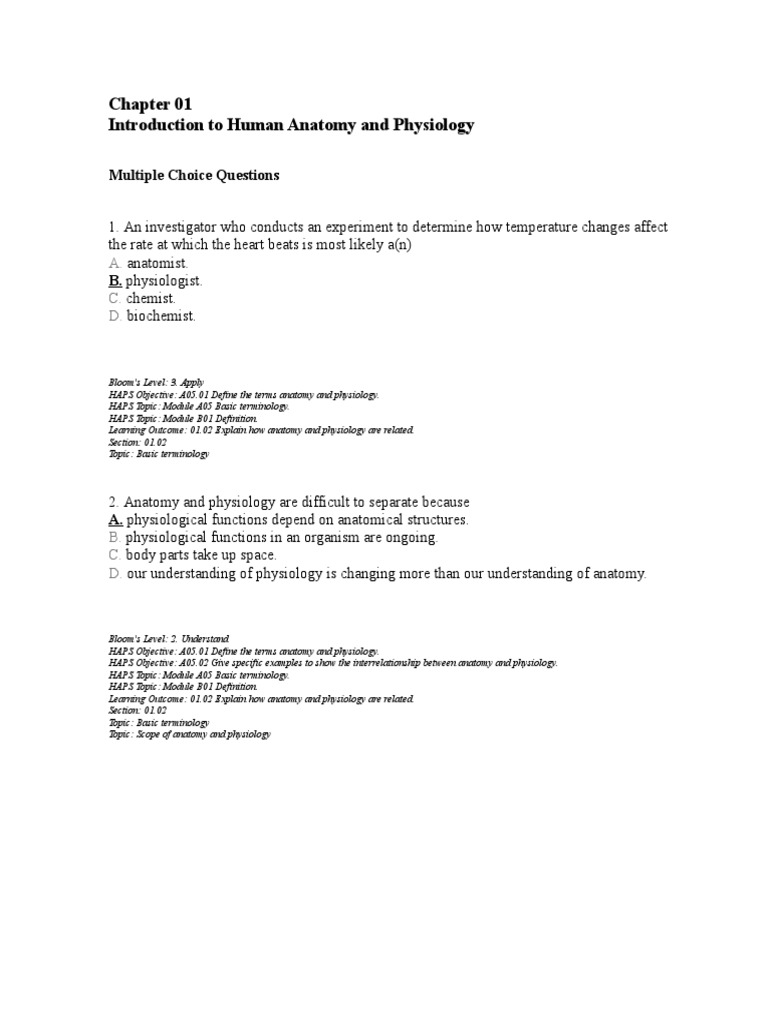Introduction To Human Anatomy and Physiology Multiple Choice Questions