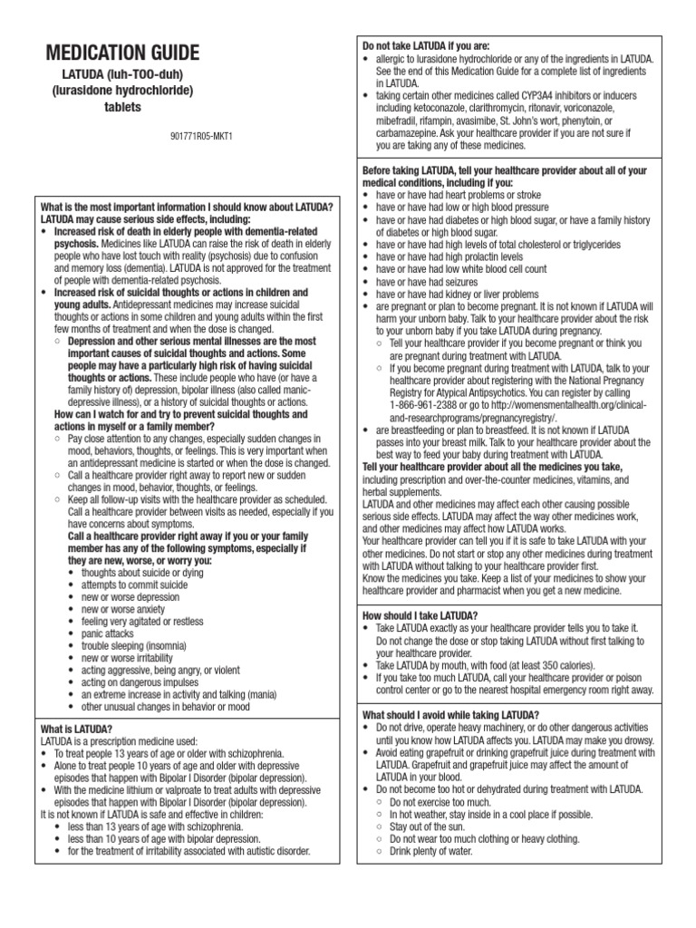 Medication Guide: LATUDA (luh-TOO-duh) (Lurasidone Hydrochloride ...