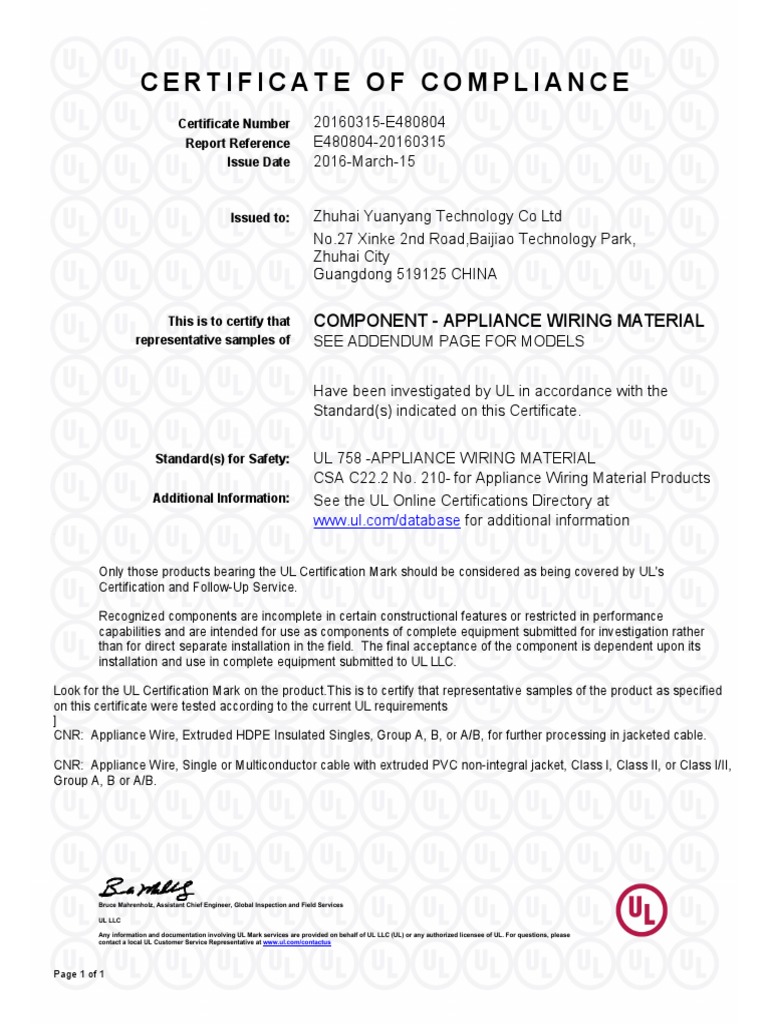 Certificate Compliance Appliance Wiring Materials PDF Electrical