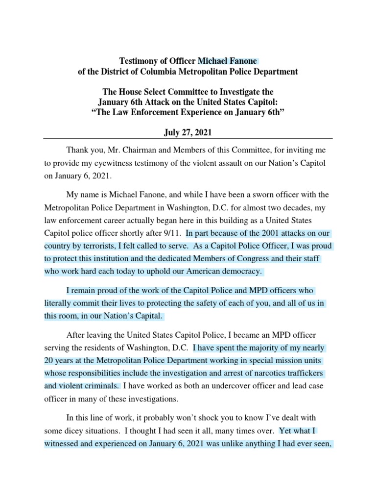 MPD Officer Fanone July 27th Written Testimony | PDF | Psychological ...