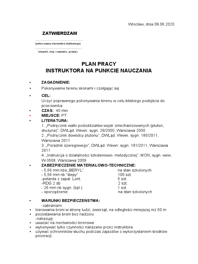 Plan Pracy Instruktora Na Punkcie Nauczania