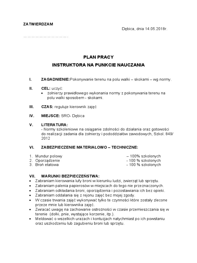 Plan Pracy Instruktora Na Punkcie Nauczania