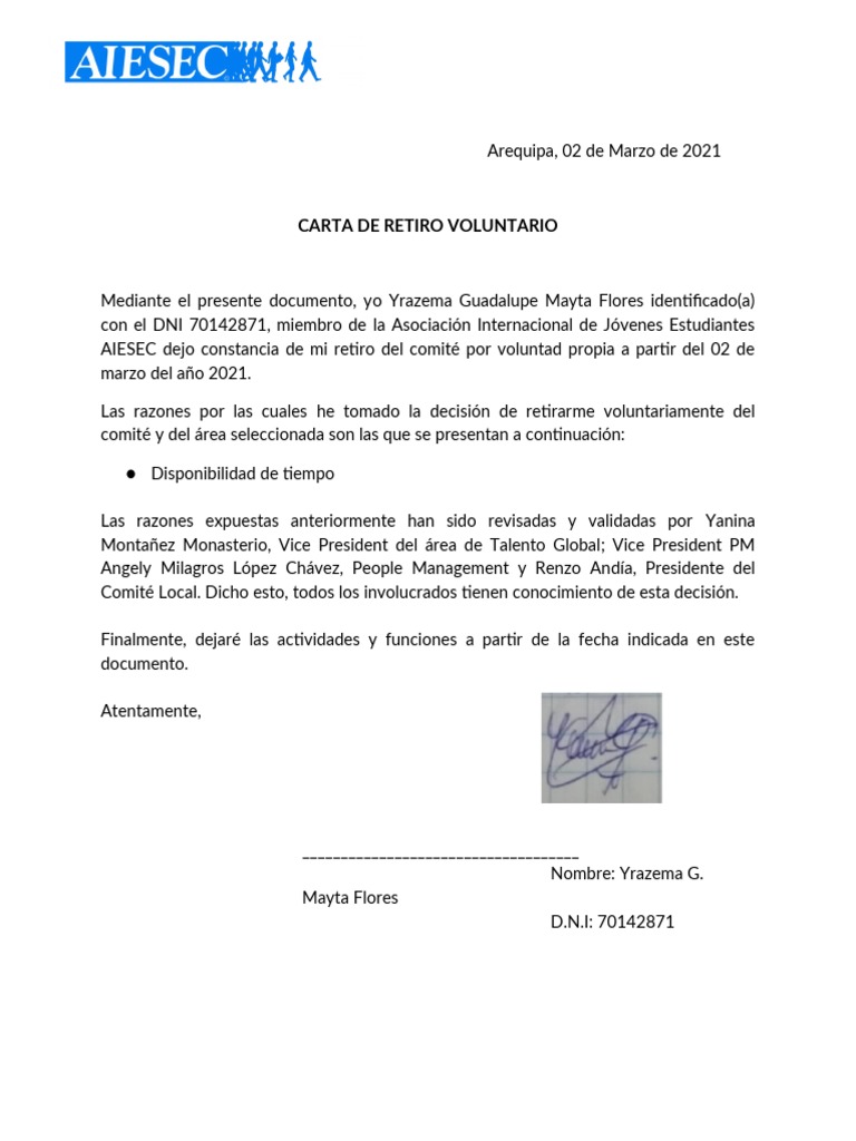 Modelo De Carta De Retiro Voluntario Pdf