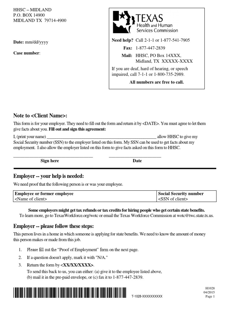 TX Health Steps 1028 Form PDF Social Security Number Employment