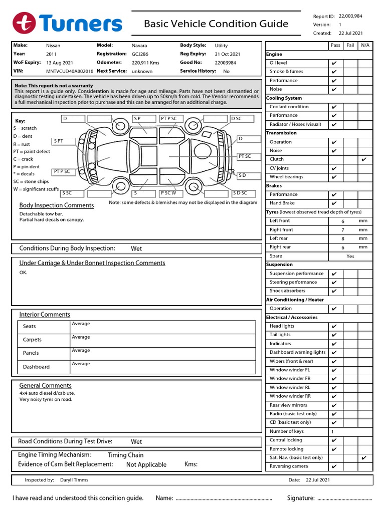 Vehicle Condition Inspection Report | PDF | Wheel | Automotive Technologies