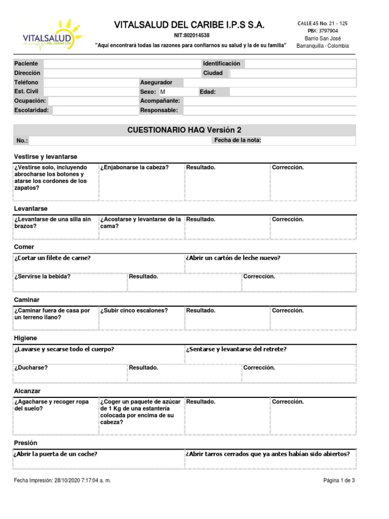 Evaluación de Salud del Paciente HAQ | PDF