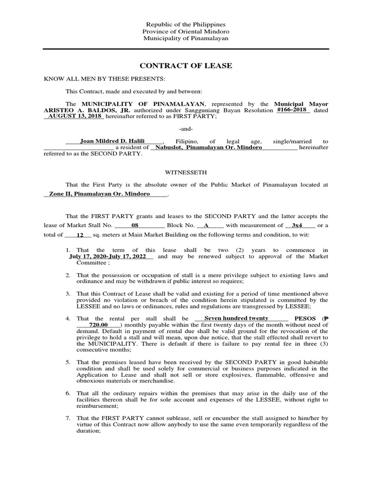 Contract of Lease: Republic of The Philippines Province of Oriental ...