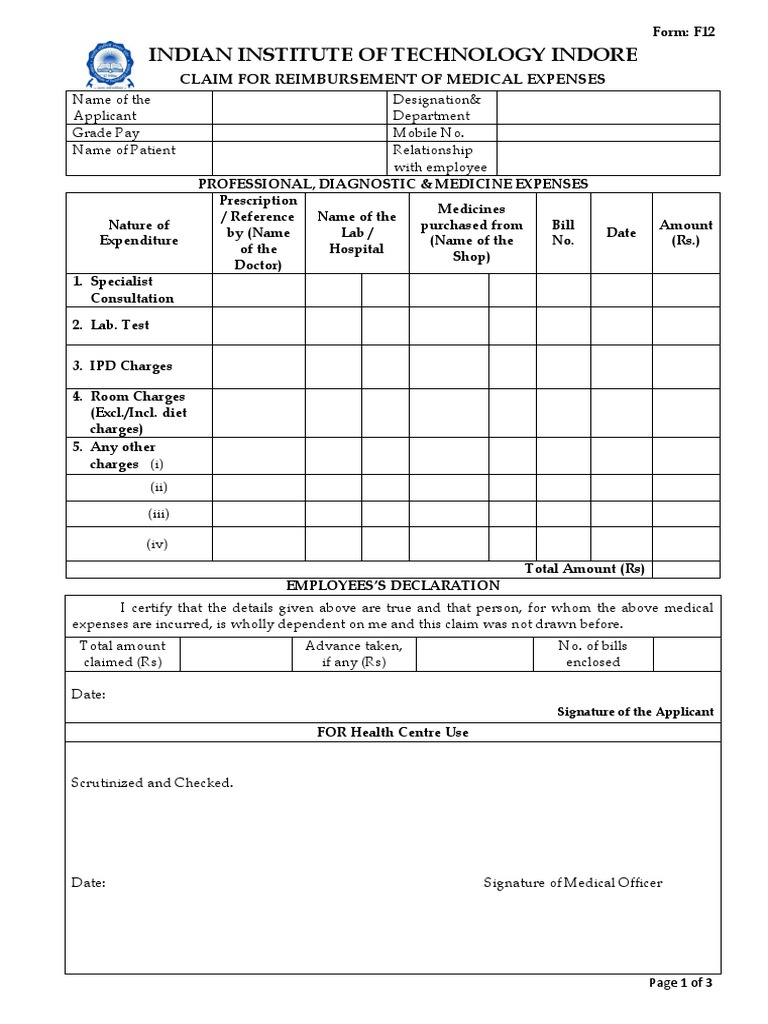 Medical Reimbursement Claim Form F12 | PDF | Medical Prescription ...